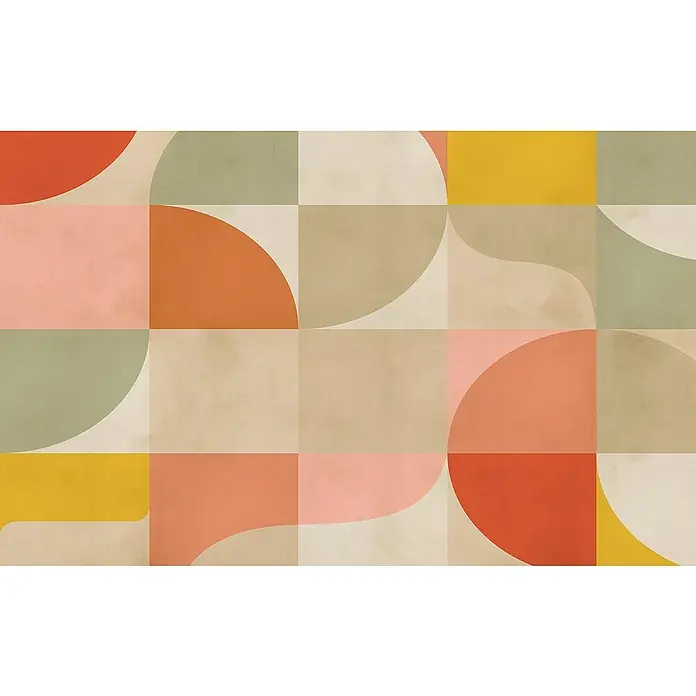 Komar Pure 2 Fototapete Memory Reserve - B x H: 400 x 250 cm, Vlies - Abstraktes geometrisches Kunstwerk mit Quadraten und Kreisen in Beige, Gelb, Grün und Orange, das ein modernes, stilvolles Design zeigt.
