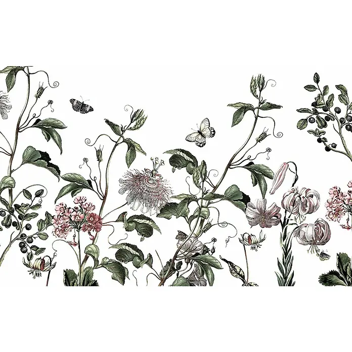 Komar Pure 2 Fototapete Paradis de Papillons - B x H: 400 x 250 cm, Vlies - Antike botanische Illustration mit vielfältiger Flora, Passionsblumen, Lilien, Beeren und Schmetterlingen.