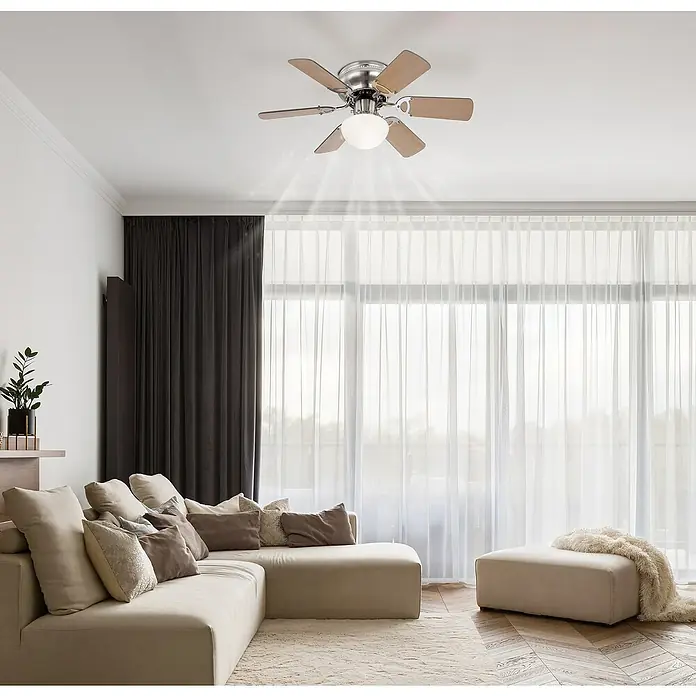 Voltomat Deckenventilator Ugo - Buche/Graphit, 76 cm, 60 W - Elegante Deckenleuchte mit fünf Flügeln und einem runden, leuchtenden Lampenschirm, die Helligkeit und Stil in jeden Raum bringt.