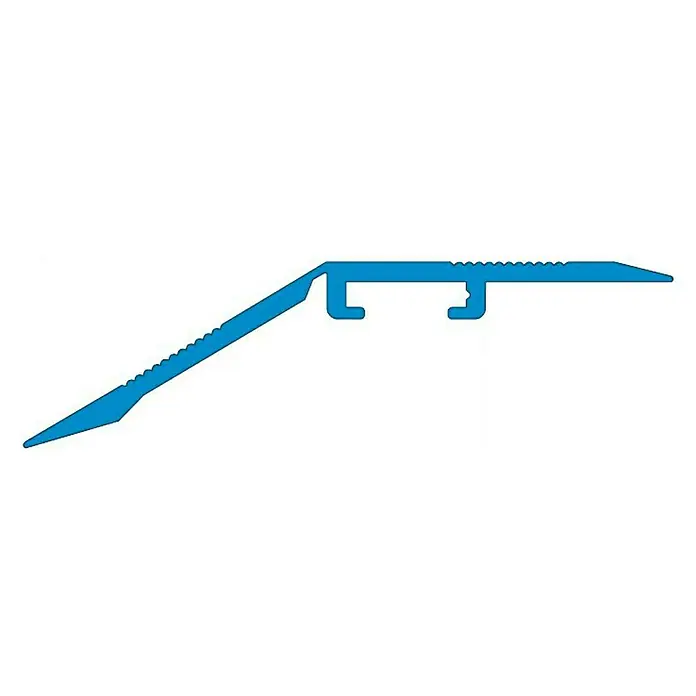 Perfil de transición Aluminio - Aluminio, Plateado, 1 m x 20 mm - Vista de perfil de una tira de transición azul para el suelo, diseñada para proporcionar una transición suave entre dos superficies.