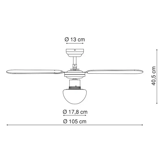 Globo Deckenventilator Champion - Chrom, 105 cm, 60 W - Abbildung eines Deckenventilators mit den Maßen Ø 13 cm, 40,5 cm, Ø 17,8 cm und Ø 105 cm für eine detaillierte Größenübersicht.