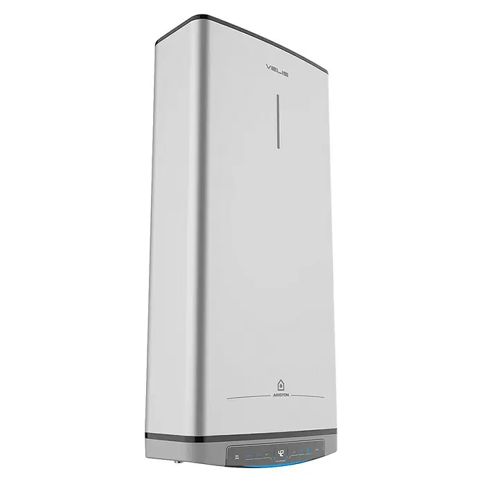 Ariston Termo eléctrico reversible Velis Tech Dry Wifi - 100 l, 1.500 W, Montaje en la pared - Imagen de un calentador de agua Ariston Velis Evo, con diseño delgado y pantalla digital, ideal para hogares modernos y soluciones eficientes de agua caliente.