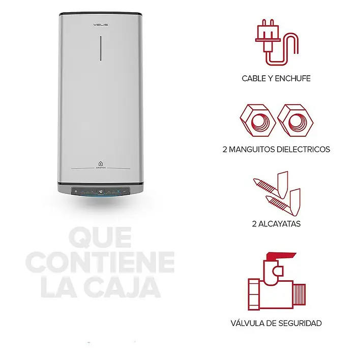 Ariston Termo eléctrico reversible Velis Tech Dry Wifi - 100 l, 1.500 W, Montaje en la pared - Imagen de un calentador de agua Velis que muestra los accesorios incluidos como cable, enchufe, manguitos dieléctricos, tacos de pared y válvula de seguridad.