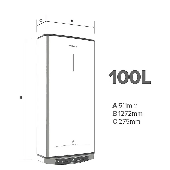 Ariston Termo eléctrico reversible Velis Tech Dry Wifi - 100 l, 1.500 W, Montaje en la pared - Imagen del producto de un calentador de agua Ariston Velis 100L con dimensiones A 511mm, B 1272mm y C 275mm.