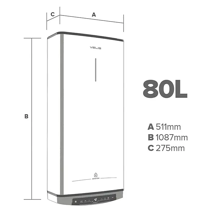 Ariston Termo eléctrico reversible Velis Tech Dry Wifi - 80 l, 1.500 W, Montaje en la pared - Ilustración de las dimensiones del calentador de agua Ariston Velis 80L: A 511mm, B 1087mm, C 275mm.
