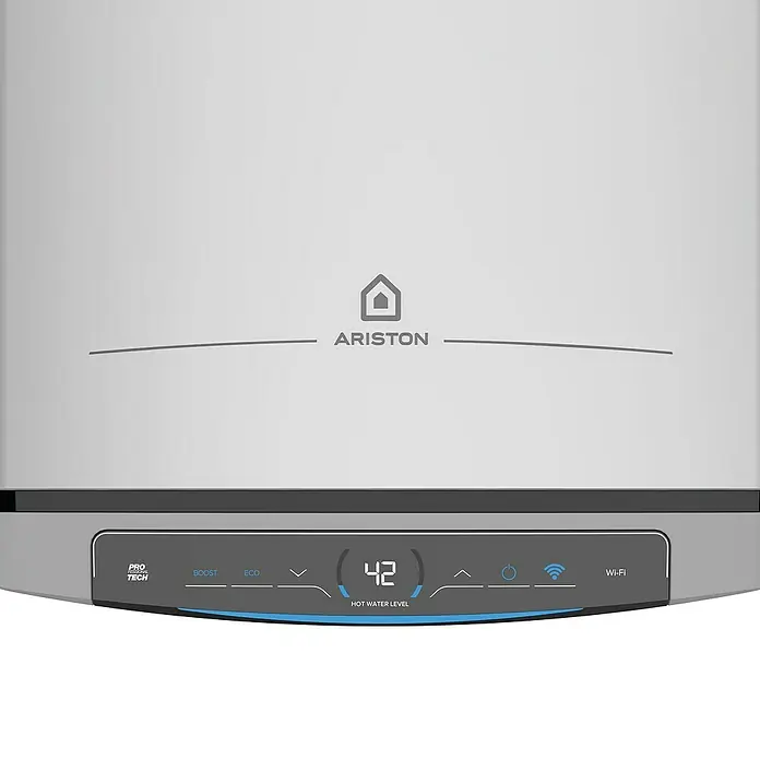 Ariston Termo eléctrico reversible Velis Tech Dry Wifi - 100 l, 1.500 W, Montaje en la pared - Primer plano de un calentador de agua Ariston con pantalla digital que muestra la temperatura del agua y varios modos de funcionamiento.