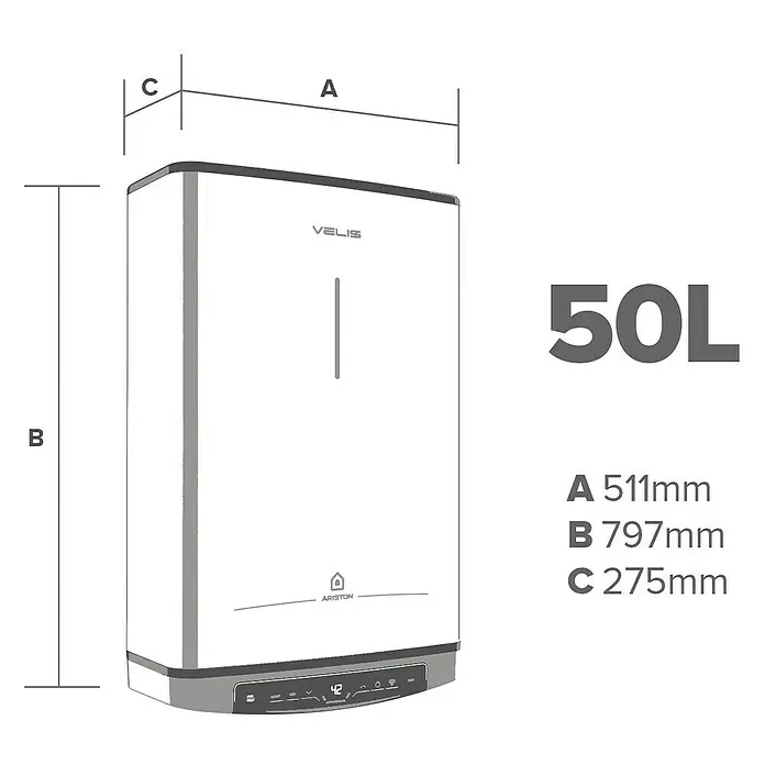 Ariston Termo eléctrico reversible Velis Tech Dry Wifi - 50 l, 1.500 W, Montaje en la pared - Imagen de un calentador de agua Ariston Velis de 50L, que muestra las dimensiones: A 511mm, B 797mm, C 275mm. Diseño moderno y elegante.