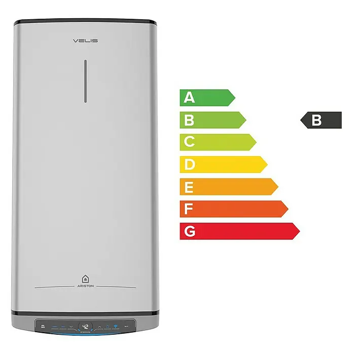 Ariston Termo eléctrico reversible Velis Tech Dry Wifi - 100 l, 1.500 W, Montaje en la pared - Imagen de un calentador de agua Ariston Velis con una eficiencia energética de clase B. La unidad tiene un diseño moderno y delgado.