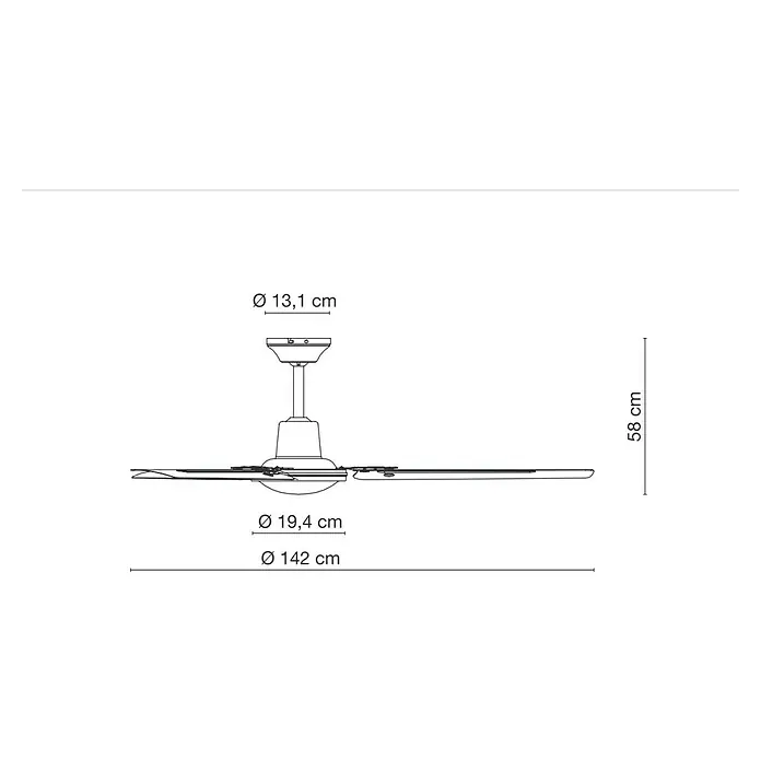 Globo Ventilador de techo Ferro - Blanco, 142 cm, 70 W - Imagen de un ventilador de techo con las siguientes dimensiones: Ø 13,1 cm, Ø 19,4 cm, Ø 142 cm y una altura de 58 cm.