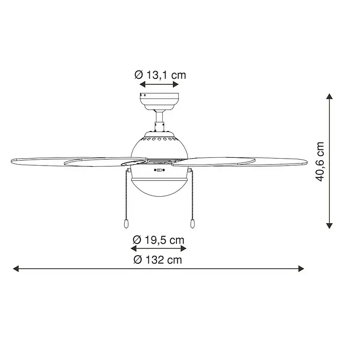Voltomat Deckenventilator Azura - Buche, 132 cm, 60 W - Eine Detailzeichnung des Deckenventilators mit Angaben zu Durchmesser und Höhe.