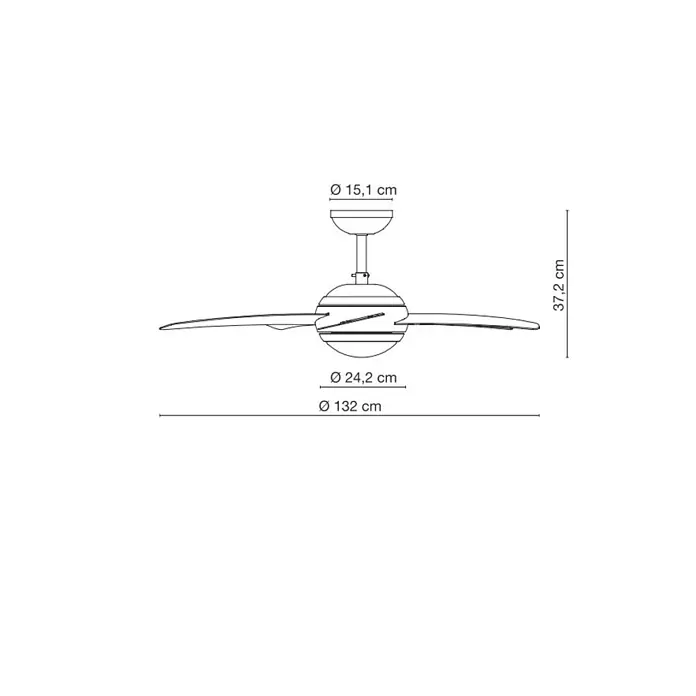 Globo Deckenventilator Fabiola - Wenge, 132 cm, 55 W - Technische Zeichnung eines Deckenventilators mit Maßen. Durchmesser der Aufhängung 15,1 cm, des Gehäuses 24,2 cm, Flügeldurchmesser 132 cm.