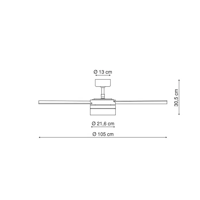 Globo Ventilador de techo Alana - Opal, Níquel mate, Plateado, Haya, Plateado/Haya, 105 cm, 50 W - Dibujo técnico de un ventilador de techo con dimensiones de diámetro y altura.
