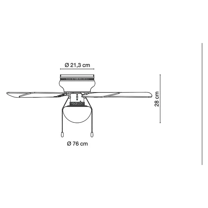 Voltomat Deckenventilator Ugo - Buche/Graphit, 76 cm, 60 W - Technische Zeichnung eines Deckenventilators mit den Maßen Ø 21,3 cm, Ø 76 cm und einer Höhe von 28 cm.