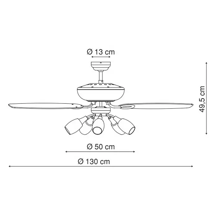 Globo Ventilador de techo Jerry - Níquel mate, Opal, Haya/grafito, 130 cm, 40 W - Dibujo lineal de un ventilador de techo con cinco aspas y cinco luces hacia abajo, incluyendo dimensiones.