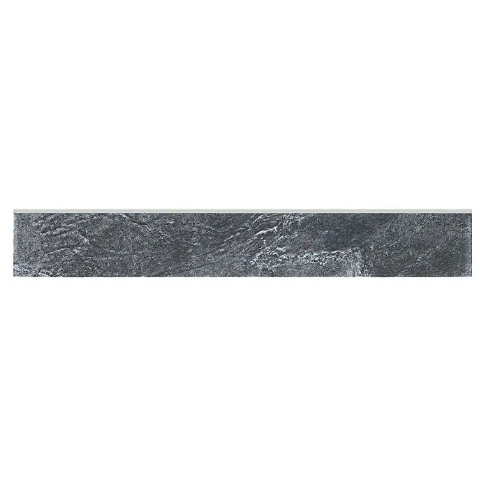 Zócalo cerámico Vulcan - 9 x 60,8 cm, Grafito, Mate - Primer plano de una baldosa gris moderna con una superficie rugosa y texturizada. Ideal para diseños elegantes de pared o suelo.
