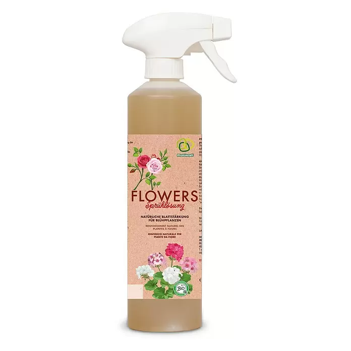 Multikraft Pflanzenstärkungsmittel Flowers Sprühlösung - 500 ml - Hellbraune Sprühflasche mit Blütenstärkungslösung, weißem Sprühkopf und Blumenetikett.