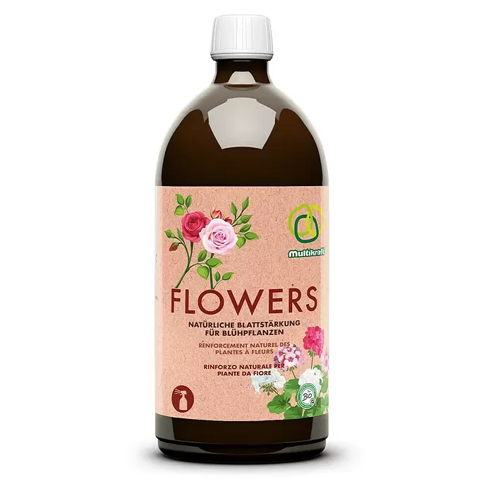 Multikraft Pflanzenstärkungsmittel Flowers - 1.000 ml - Braune Flasche mit weißer Kappe, rosa Etikett mit 'FLOWERS'-Text, Rosenillustration und 'BIO'-Logo. Pflanzenstärkungsmittel.