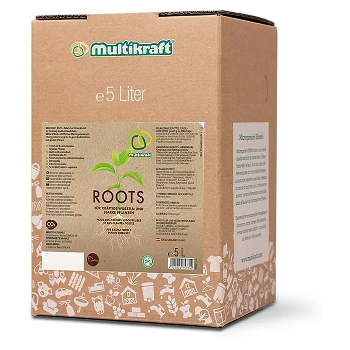Multikraft Wurzelaktivator Roots - 5 l - Produktbild einer 5-Liter-Packung Multikraft Roots, ein Dünger zur Förderung von kräftigem Wurzelwachstum und starken Pflanzen.