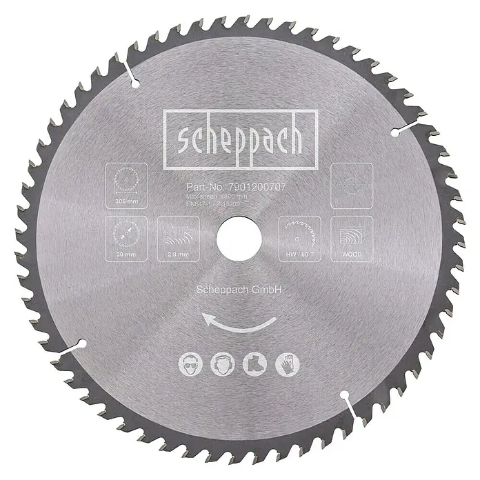 Scheppach Kreissägeblatt - 305 mm, Bohrung: 30 mm, Anzahl Zähne: 60 Stk. - Kreissägeblatt von Scheppach mit 305 mm Durchmesser, geeignet für Holzbearbeitung mit 60 Zähnen für saubere Schnitte.