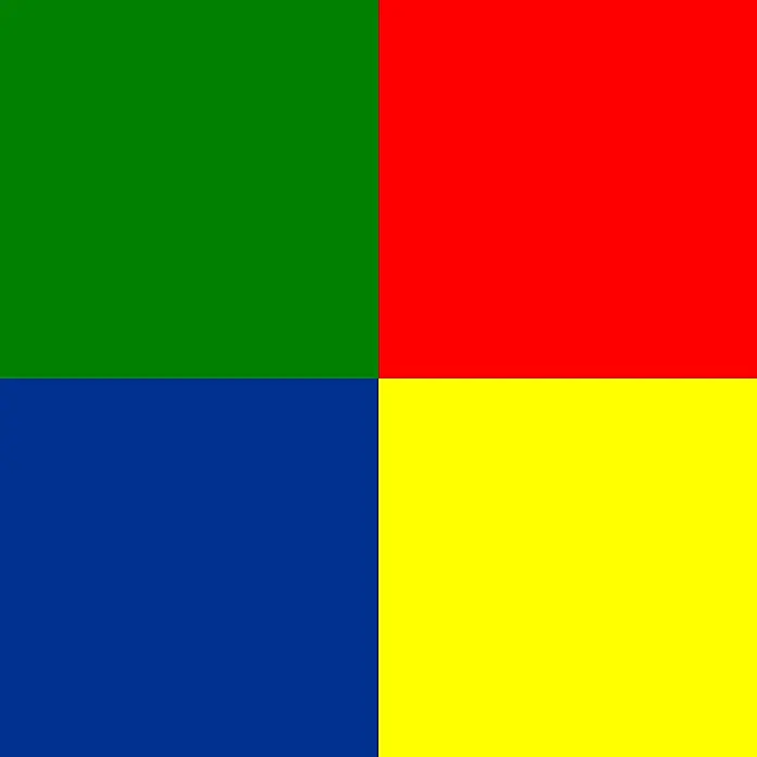 SCHÖNER WOHNEN-Farbe Trendstruktur Effektspachtel Marmor-Optik - Grundfarbe zum Abtönen, 1 kg, Matt - Ein farbenfrohes Quadrat, unterteilt in Grün, Rot, Blau und Gelb, das eine lebendige und spielerische Ästhetik erzeugt.