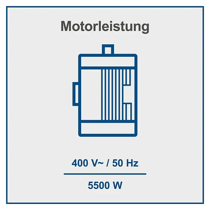 Scheppach Holzspalter HL3000GM - 30 t, Max. Spaltgutlänge: 110 cm - Abbildung eines Motors mit der Aufschrift „Motorleistung 400 V~ / 50 Hz 5500 W“.