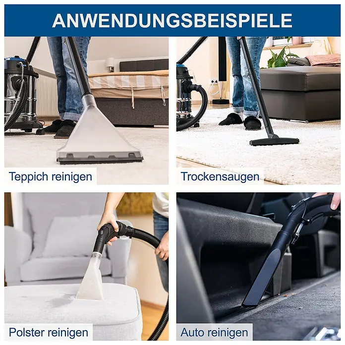 Scheppach Waschsauger SprayVac20 - 1.600 W, 20 l - Anwendungsbeispiele für den Staubsauger: Teppich-, Polster-, Auto-Reinigung und Trockensaugen.