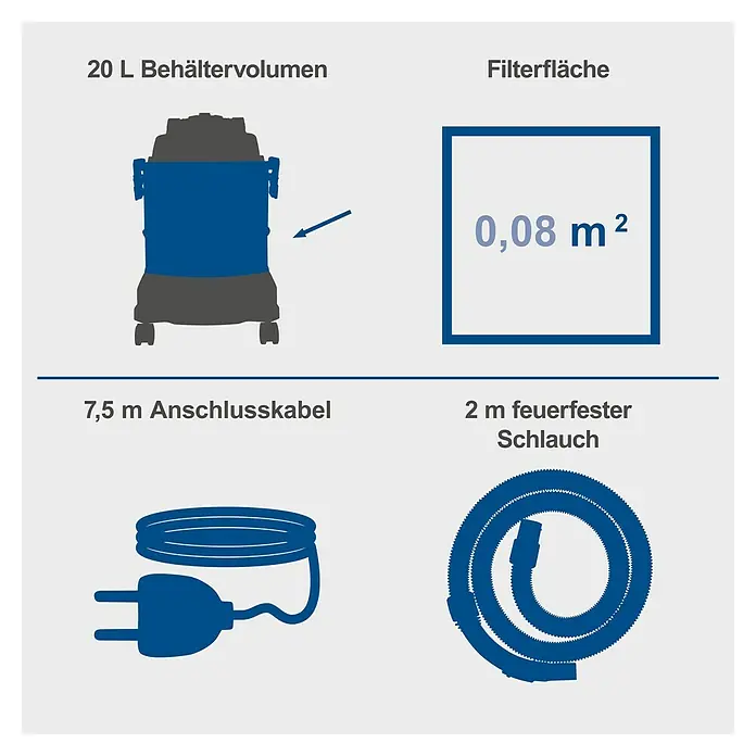 Scheppach Waschsauger SprayVac20 - 1.600 W, 20 l - Illustration eines Staubsaugers mit 20L Behältervolumen, 0,08 m² Filterfläche, 7,5 m Anschlusskabel und 2 m feuerfestem Schlauch.