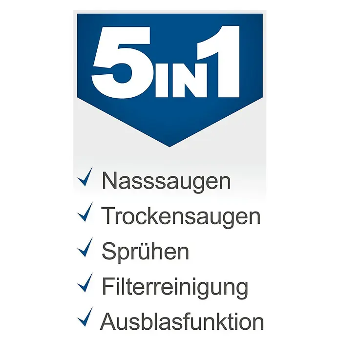 Scheppach Waschsauger SprayVac20 - 1.600 W, 20 l - 5-in-1-Reiniger-Produktbild. Funktionen umfassen Nasssaugen, Trockensaugen, Sprühen, Filterreinigung und Ausblasfunktion für umfassende Reinigung.