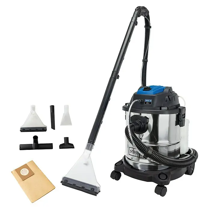 Scheppach Waschsauger SprayVac20 - 1.600 W, 20 l - Abbildung eines Scheppach Nass-Trockensaugers mit Zubehör. Der Sauger ist aus Edelstahl mit blauem Oberteil und hat 1600W Leistung.