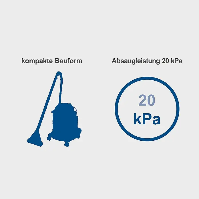 Scheppach Waschsauger SprayVac20 - 1.600 W, 20 l - Abbildung eines Staubsaugers mit kompaktem Design und einer Saugleistung von 20 kPa.