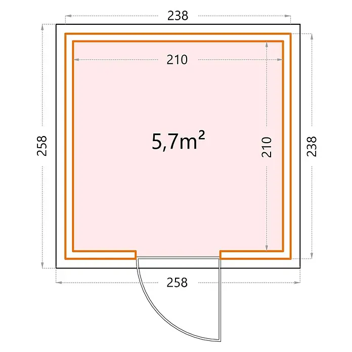 Telluria Metallgerätehaus Classico 2424 inkl. Elektro-Set - Außenmaß inkl. Dachüberstand (B x T): 258 x 258 cm, Stahl, Anthrazit, Inkl. Innenwandverkleidung & Elektro-Set - Illustration eines Gartenhauses mit den Maßen 238 x 258 cm, einer Wandstärke von 210 cm und einer Fläche von 5,7 m².