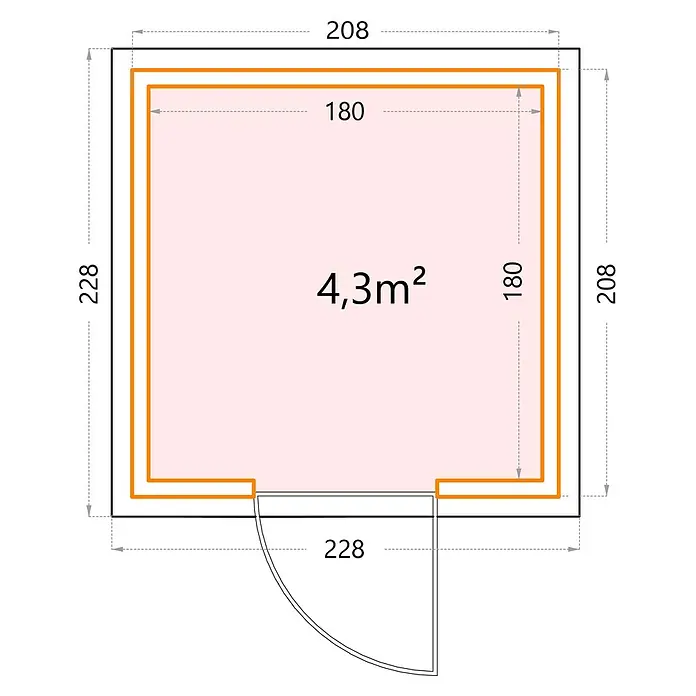 Telluria Metallgerätehaus Classico 2121 inkl. Elektro-Set - Außenmaß inkl. Dachüberstand (B x T): 228 x 228 cm, Weiß, Stahl, Inkl. Innenwandverkleidung & Elektro-Set - Grundriss eines 4,3 m² Gartenhauses mit den Maßen 208 x 228 cm (Außen) und 180 x 180 cm (Innen).
