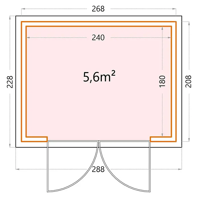 Telluria Metallgerätehaus Classico 2721 inkl. Elektro-Set - Außenmaß inkl. Dachüberstand (B x T): 288 x 228 cm, Stahl, Weiß, Inkl. Innenwandverkleidung & Elektro-Set - Grundrisszeichnung eines kleinen Hauses mit den Maßen 268x228 cm und einer Fläche von 5,6 m².