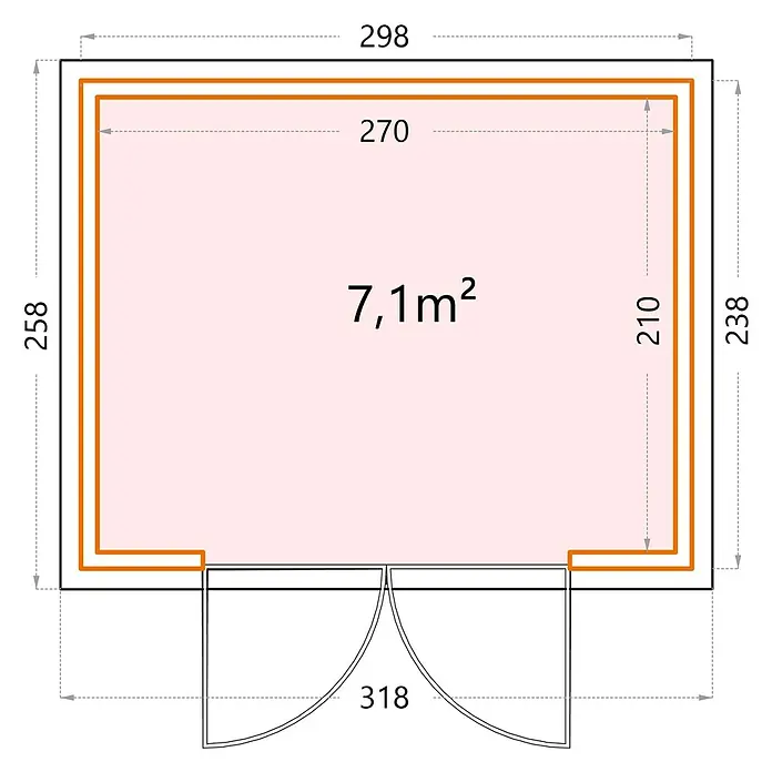Telluria Metallgerätehaus Classico 3024 inkl. Elektro-Set - Außenmaß inkl. Dachüberstand (B x T): 318 x 258 cm, Stahl, Anthrazit, Inkl. Innenwandverkleidung & Elektro-Set - Grundrisszeichnung eines Gartenhauses mit den Maßen 298 x 238 cm außen und 270 x 210 cm innen. Fläche innen: 7,1 m².