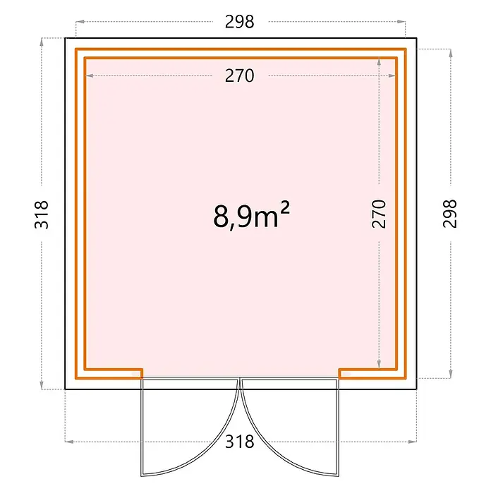 Telluria Metallgerätehaus Classico 3030 inkl. Elektro-Set - Außenmaß inkl. Dachüberstand (B x T): 318 x 318 cm, Stahl, Weiß/Anthrazit, Inkl. Innenwandverkleidung & Elektro-Set - Grundriss eines quadratischen Gartenhauses mit den Maßen 298 x 318 cm und einer Fläche von 8,9 m², einschließlich Tür.