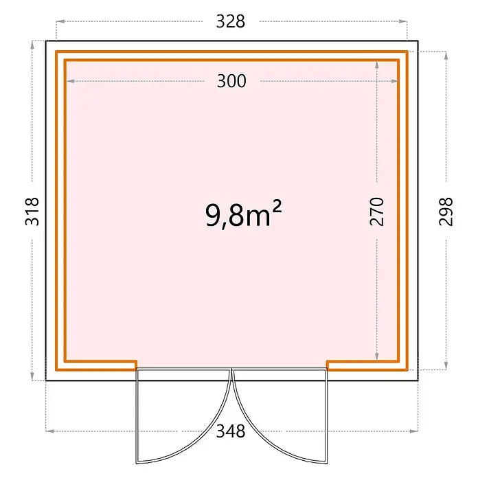Telluria Metallgerätehaus Classico 3300 - Außenmaß inkl. Dachüberstand (B x T): 348 x 318 cm, Stahl, Weiß, Ohne Set - Grundrisszeichnung eines Gartenhauses mit den Maßen 328 x 318 cm (außen) und 300 x 270 cm (innen). Die Fläche beträgt 9,8 m².
