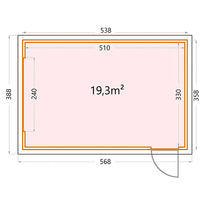 Telluria Garage Classico 3654G inkl. Elektro-Set und Innenwandverkleidung - Außenmaß inkl. Dachüberstand (B x T): 388 x 568 cm, Stahl, Weiß, Elektro-Set - Grundrisszeichnung eines rechteckigen Gartenhauses mit den Maßen 538 x 388 cm und einer Fläche von 19,3 m².
