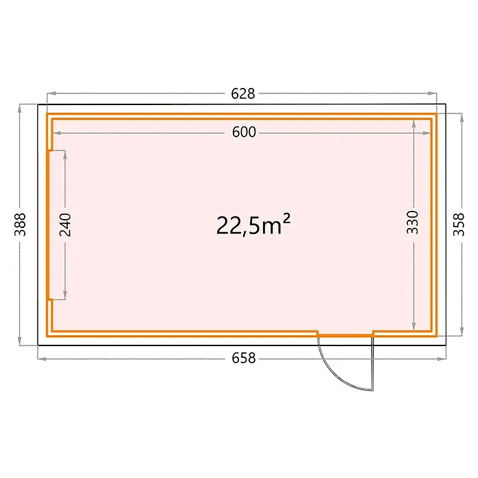 Telluria Garage Classico 3663G inkl. Elektro-Set und Innenwandverkleidung - Außenmaß inkl. Dachüberstand (B x T): 388 x 658 cm, Anthrazit, Stahl, Elektro-Set - Grundriss einer Hütte mit den Abmessungen 628x388 cm außen und 600x330 cm innen, Fläche 22,5 m².