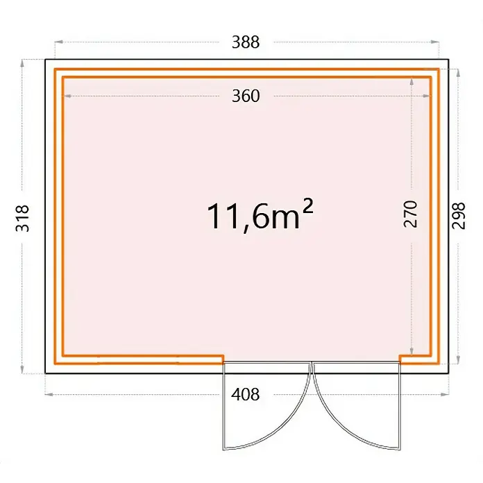 Telluria Metallgerätehaus Classico 3930 inkl. Elektro-Set - Außenmaß inkl. Dachüberstand (B x T): 408 x 318 cm, Stahl, Anthrazit, Inkl. Innenwandverkleidung & Elektro-Set - Grundriss eines Hauses mit Abmessungen und einer Flächenangabe von 11,6 m². Die Zeichnung zeigt die Raumaufteilung und Größe des Gebäudes.