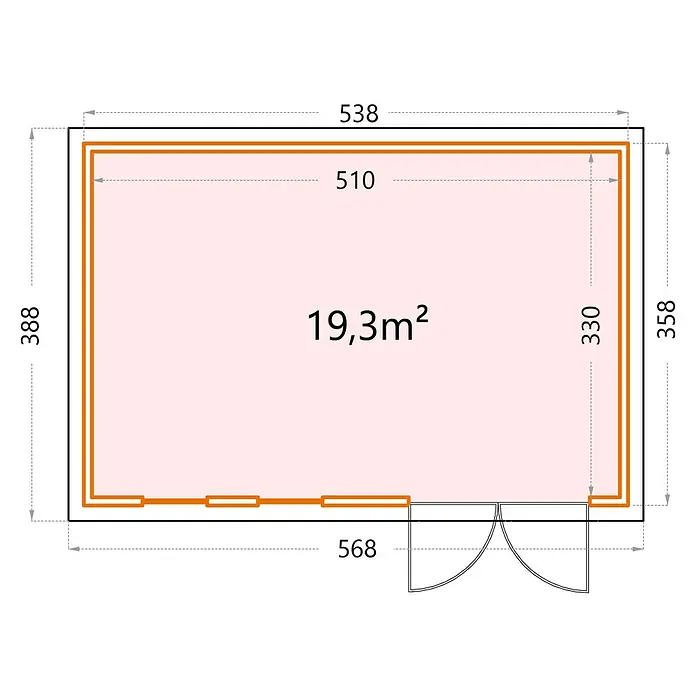 Telluria Gartenhaus Luminato 5436+ inkl. Elektro-Set - Außenmaß inkl. Dachüberstand (B x T): 568 x 388 cm, Anthrazit, Stahl, Inkl. Innenwandverkleidung & Elektro-Set - Draufsicht eines Gartenhauses mit den Maßen 538 x 388 cm und einer Fläche von 19,3 m². Der Grundriss zeigt eine rechteckige Form mit Tür.