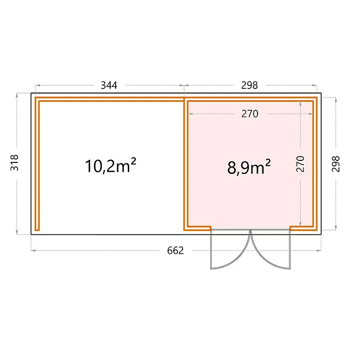 Telluria Metallgerätehaus Classico 3030 mit Lounge L links inkl. Elektro-Set - Außenmaß inkl. Dachüberstand (B x T): 662 x 318 cm, Stahl, Lichtgrau/Anthrazit, Inkl. Innenwandverkleidung & Elektro-Set - Grundrisszeichnung eines Gartenhauses mit zwei Räumen und den Maßen 344 x 318 cm und 298 x 298 cm.