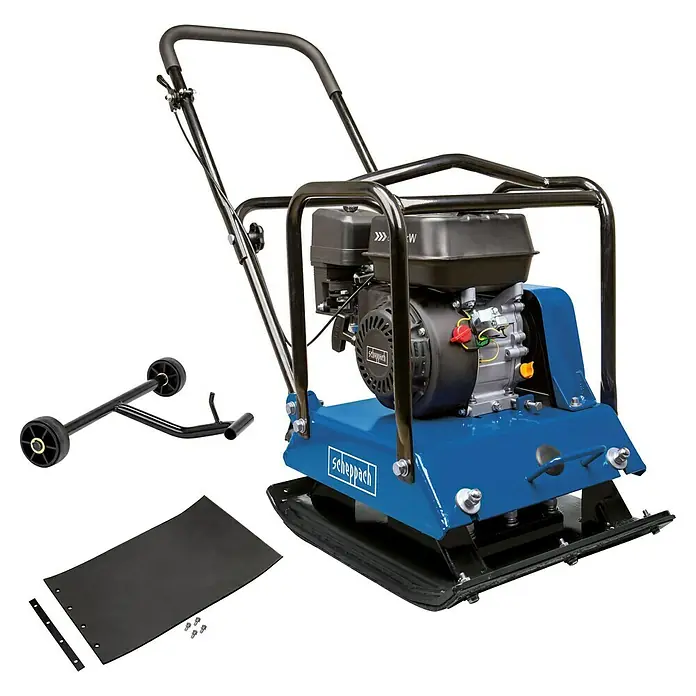 Scheppach Rüttelplatte HP 2200 S - 4,8 kW, Verdichtungsdruck: 25 kN - Scheppach Vibrationsplatte mit Zubehör auf schwarzem Hintergrund.