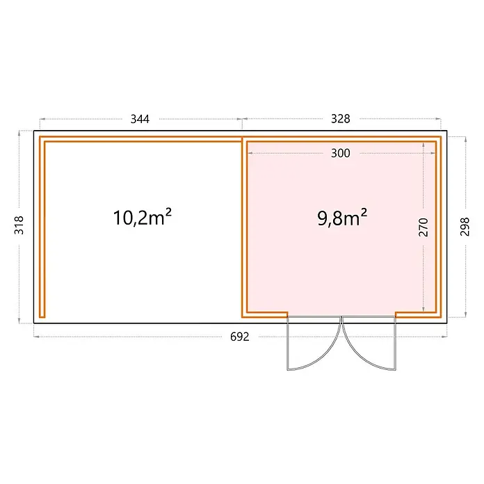 Telluria Metallgerätehaus Classico 3330 mit Lounge L links inkl. Elektro-Set - Außenmaß inkl. Dachüberstand (B x T): 692 x 318 cm, Stahl, Weiß/Anthrazit, Inkl. Innenwandverkleidung & Elektro-Set - Grundriss eines zweigeteilten Gartenhauses mit Maßangaben und Flächenberechnung der einzelnen Räume.