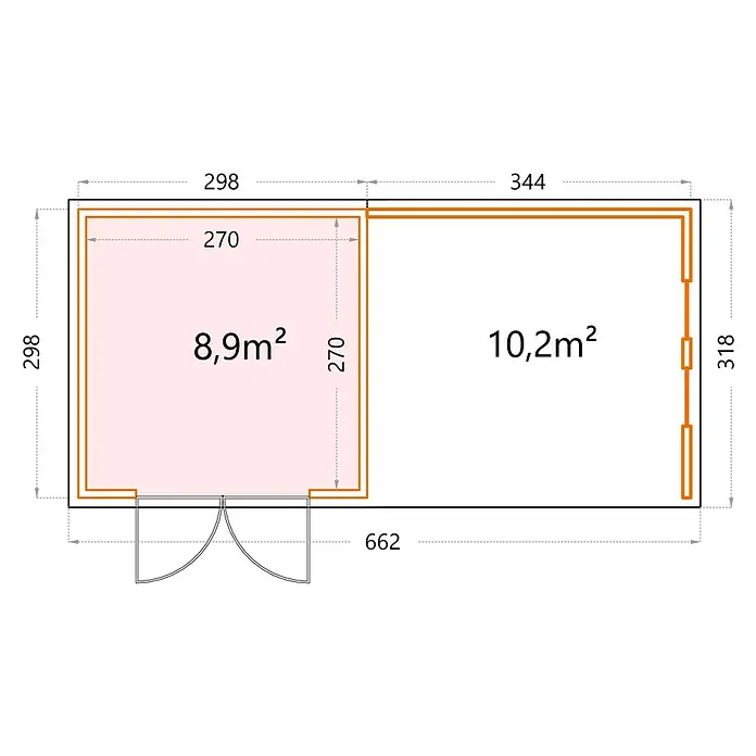 Telluria Metallgerätehaus Classico 3030 mit Lounge L links inkl. 2 Fenster - Außenmaß inkl. Dachüberstand (B x T): 662 x 318 cm, Stahl, Weiß, Ohne Set - Grundrissansicht einer Gartenlaube mit den Abmessungen und Flächenangaben der einzelnen Räume. Übersichtliches Design für Gartenliebhaber.