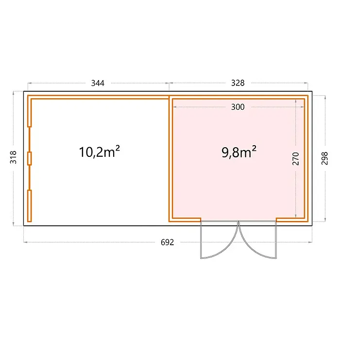 Telluria Metallgerätehaus Classico 3330 mit Lounge L links inkl. 2 Fenster und Elektro-Set - Außenmaß inkl. Dachüberstand (B x T): 692 x 318 cm, Stahl, Lichtgrau/Anthrazit, Inkl. Innenwandverkleidung & Elektro-Set - Grundrisszeichnung eines Gartenhauses mit zwei Räumen und einer Gesamtfläche.