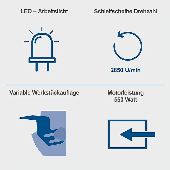 Scheppach Elektro-Doppelschleifer BG 200 - 550 W, Durchmesser Trockenschleifscheibe: 200 mm - Produktdetails: LED-Arbeitslicht, Schleifscheibe Drehzahl 2850 U/min, variable Werkstückauflage, Motorleistung 550 Watt.