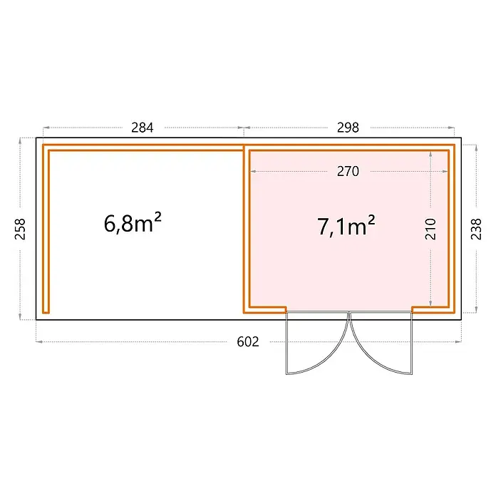 Telluria Metallgerätehaus Classico 3024 mit Lounge S links inkl. Elektro-Set - Außenmaß inkl. Dachüberstand (B x T): 602 x 258 cm, Stahl, Weiß/Anthrazit, Inkl. Innenwandverkleidung & Elektro-Set - Grundrisszeichnung eines rechteckigen Gartenhauses mit zwei Räumen, Flächenangaben und Maßen in Zentimetern.