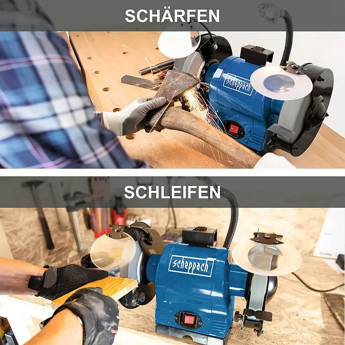Scheppach Elektro-Doppelschleifer BG 150 - 370 W, Durchmesser Trockenschleifscheibe: 150 mm - Bildmontage: Schleifmaschine Scheppach zum Schärfen einer Axt (oben) und zum Schleifen von Holz (unten).