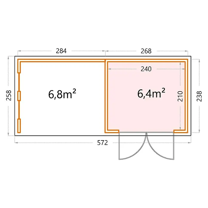 Telluria Metallgerätehaus Classico 2724 mit Lounge S links inkl. 2 Fenster und Elektro-Set - Außenmaß inkl. Dachüberstand (B x T): 572 x 258 cm, Stahl, Weiß/Anthrazit, Inkl. Innenwandverkleidung & Elektro-Set - Grundriss eines Holzhauses mit zwei Zimmern, Maße und Flächenangaben für die Raumaufteilung sind eingezeichnet.