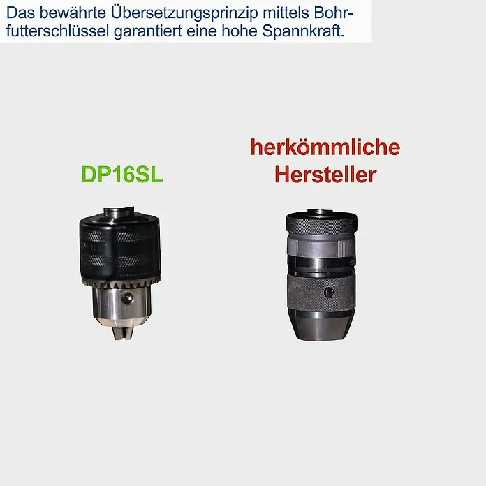 Scheppach Tischbohrmaschine DP16 SL - 550 W, 510 U/min - 2.430 U/min, Spannweite Bohrfutter: 3 mm - 13 mm - Vergleich von DP16SL Bohrfutter mit herkömmlichen Herstellern. Das DP16SL bietet eine hohe Spannkraft.